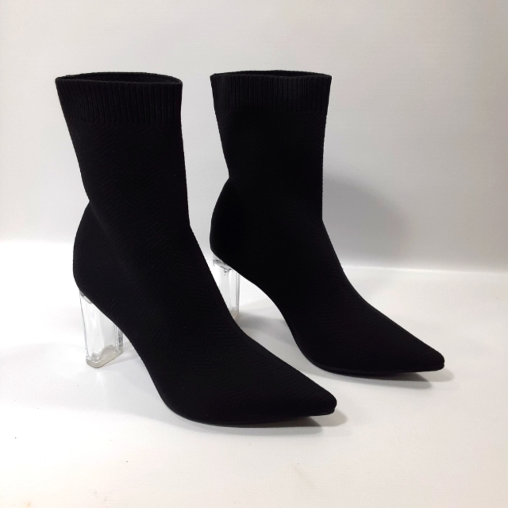 Cuccoo Size 39 (US 9) Black Sock Style Slip On Ankle Booties with Clear Heels
